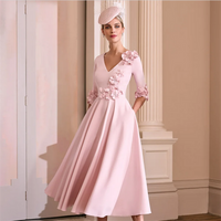 Pink Mother of The Bride Dress Customized Half Sleeves V Neck Handmade Flowers A Line Tea Length Wedding Guest Party Gown