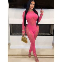 FHSEER Women's Plus Size Sexy Jumpsuit Fishnet Hollow Out Bodycon Long Sleeve Stretchy Jumpsuit Sexy Club Party Outfit