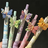 5-Piece Set of Black Gel Pens with Random Colors and Floral Butterfly Designs, High-Quality for Office and Study Use, Suitable for Multiple Scenarios, Ins-Style, Aesthetically Pleasing, Girly,