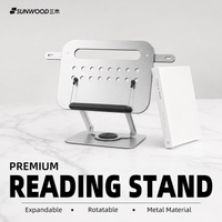 SUNWOOD R55 Silver Dual-Bar Extendable 360° Rotating Reading Stand Book Page Holder Multifunctional Foldable Tablet Cooling Stan
