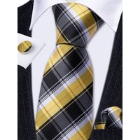 Classic Black Yellow Tie For Men With Pocket Square Cufflink Set Plaid Woven Necktie Business Designer Party Barry.Wang