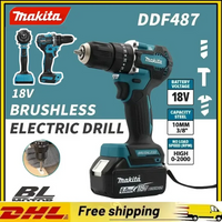 Original Makita DDF487 red and black brushless household 18V lithium-ion charging impact drill, high torque electric screwdriver