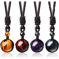 16 Mm Black Obsidian Tiger Eyes Amethyst Stone Women Men Necklaces with Adjustable Braided Rope Cords Natural Crystal Pendant Ne