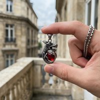 Vintage Oriental Silvery Plated 316L Stainless Steel Dragon Hold Synthetic Red Gemstone Pendant Necklace Men Jewelry