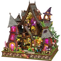 Magic Witch House 3D Wooden Puzzle DIY Building Kit With Warm LED Light Miniature Cottage Handcraft Model Desktop Room Decor Gif