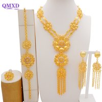 Luxury Crystal Flower Dubai Gold Color Jewelry Sets For Women Bridal Long Tassel Necklace Sets African Arab Wedding Party Gifts