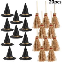 20Pcs Miniature Witch Hats And Mini Brooms Halloween Party Home Decoration Supplies DIY Crafts Gifts Wine Bottle Topper