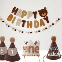 Felt Retro Bear Happy Birthday Banner Pom Pom Ball Garland Birthday Hat Kids 1st Birthday Party Decorations Baby Shower Supplies