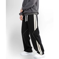 2026 Summer Men's Fast Dry Breathable Loose Fit Pants Black White Double Stripe Geometric Panel Casual Streetwear Trousers