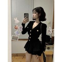 Chic Knitted Skirt Set Women's Puffy Half-length Spring Summer Fashion Two-piece Ensemble Polyester Fiber Long Sleeve V-neck
