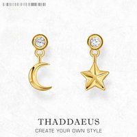 Gold Plated Ear Studs Star and Moon Europe Vintage Jewerly For Women New Cosmo Gift In 925 Sterling Silver