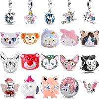 S925 Silver Cute Animal & Cartoon Charms Fit European Bracelets, Cat Elephant Monkey Beads for Women DIY Jewelry Making Gift