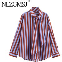 NLZGMSJ 2026 Spring Vintage Stripe Shirt Women Elegant Bow Scarf Collar Shirts Fashion Holiday Office Lady Shirt