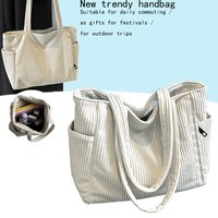 Basic Vertical Striped Corduroy Shoulder Bag Soft Fabric Casual Tote, Roomy Space for Groceries Books and Daily Essentials