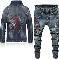 Autumn Winter New Fashion Embroidered Indian Jeans Sets Men's Stretch Jeans + Slim Casual Denim Jacket Vintage Two Pieces Sets