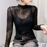 Autumn Long Sleeved High Necked Women's T-Shirt Elegant Slim Sexy Black Mesh Tee Spider Web, Flocking Tops