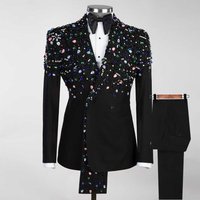 Glitter Crystals Men Wedding Tuxedos Double Breasted Peaked Lapel Pant Sets Classic Fit Prom Male Party Customized 2 Pieces