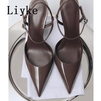 Liyke Elegant Pointed Toe Buckle Strap Stiletto Sandals Sexy Brown Patent Leather High Heels Banquet Dress Shoes Women Pumps