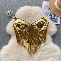Sexy PU V-neck Shiny Hot Asymmetric Velvet Tube Top Chic Strapless Crop Top Gold Fashion Sleeveless Summer Women Tank Top