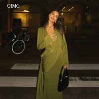 OIMG Sexy Deep V Neck Mustard Green Mermaid Prom Gowns Maxi Pleated Party Gown Long Sleeve Floor Length Evening Dress Customized
