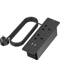 UK Plug Black Recessed Power Strip 3250W Surge Protector 2 USB Ports Flat Plug Mounted Hidden Desktop Outlet for Home Office