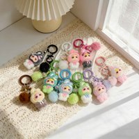 Kawaii Flocking Bunny Keychain, Cute Rabbit Bag Charm with Pom Pom, Fashion Key Ring for Backpack, Ideal Birthday Gift for Girls