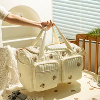 Baby Diaper Bag Cute Bear Flower Embroidery Pattern Mommy Bag Baby Beige Cotton Fabric Zipper Diaper Handbag New Luggage Bag