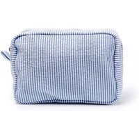 Striped Seersucker Makeup Bag with Ruffle, Large Capacity Travel Cosmetic Pouch with Zipper, Women Girls Toiletry Organizer