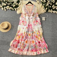 2025 Fashion Runway Gorgeous Flower Chiffon Maxi Dress Women Deep V Neck Long Flare Lace Sleeve Floral Print Boho Robe Vestido