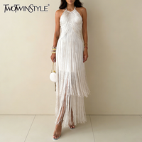 TWOTWINSTYLE Solid Loose Spliced Tassel Dresses for Women O Neck Sleeveless Elegant Temperament Dress Female Summer Fashion New