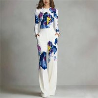 Women's 2-piece Casual And Comfortable Tight Fitting Long Sleeved Top+Wide Leg Pants Whitr Printed Set For Women