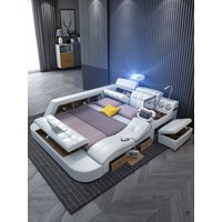 Modern Smart Leather Bed with Built-in Projector & Storage, Multi-functional King Size Platform Bed for Bedroom, Light Luxury