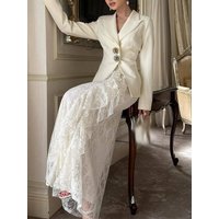 Autumn Winter Lapel Long Sleeved Blazer Women Sets Lace High Waist Hlaf Skirt Party Suit Elegant Temperament Solid Party Outfit