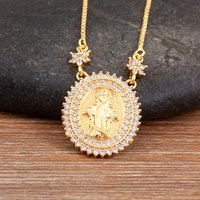New Retro Virgin Mary Round Shape Shine Zircon Charm Pendant Necklace For Women Female Vintage Believer Jewelry Daily Party Gift