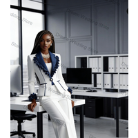 White Blue Women Suit Set 2 Pcs Blazer+Pants Trousers Ruffles Spring Formal Office Lady Jacket Customized Wedding Guest Coat