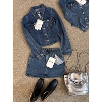 Slimming Elastic Denim Jacket And Short Skirt Set High Waist Short Length Pure Color Fashionable for Date Autumn Spring Wear