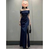 Sexy One-Shoulder Blue Dress Slit Slim Fish-Tail Long Evening Gown Elegantly Waist-Cinched Polyester Commute Style Short Slee...