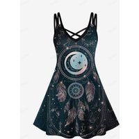 ROSEGAL Plus Size Gothic Crisscross Cami Dress, Dreamcatcher Graphic, Moon and Star Print, Casual Dresses Graphic Vestidos