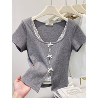 Summer New Sle Pure Desire Sweet And Spicy ort Design Sense Fake Two-Piece Knot Lace U-Ne ort Sve T-ir...