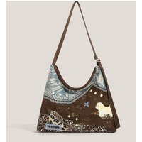Cute Cartoon Dog Print Canvas Bag Large Capacity Commuting Shoulder Bag Leopard Print Fashionable Casual Women's Crossbody Bag