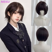 MEISU 10 Inch Short BoBo Bangs Wig Black Tea Synthetic Fiber Heat-Resistant Natural And Smoot Selfie Party For Women
