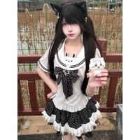 Japanese Kawaii Fashion JK Sailor Suit Design Sweet Polka Dot High-waist Short Skirt + Slim Short Sleeve Navy Collar 2-piece Set