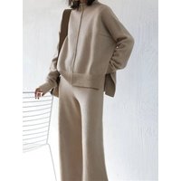 Women's Beige Oversized Knit Two-Piece Set with Half-Zip Sweater And Wide-Leg Pants Casual Loungewear