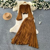 Two Piece Skirt Sets Women Lantern Sleeve Shirts Tight Waist Split Long Skirts A Line Casual Suit Solid Elegant Lady Autumn