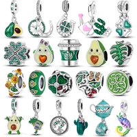 Silver Plated Green Series Avocado Pendant Four-leaf Clover Original Charms Beads Fit Bangle Bracelet Women Jewelry