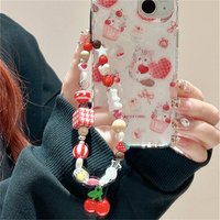 Y2K Cute Cherry Strawberry Bear Phone Chain Lanyard Charm Strap Wrist Bead Hanging Cord Bracelet Keychain For iPhone Girl Rope