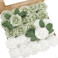 25pcs Artificial Rose for Wedding Arrangements,Sage Green and White Foam Flowers with Stem for Bridal Shower Party Home Decor image 3