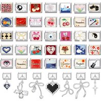 Sweet Cherry Flowers Bow Heart Guitar Cat Devil Eyes Tai Chi Italian Charm Links Fit 9mm Stainless Steel Bracelet DIY Making