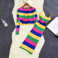 2026 New Summer Rainbow Striped Two Piece Set Spring New Fashion Sweet Slim Chic Outfits Knitted Coats Cami Dresses