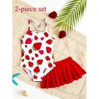 Girls Strawberry Pattern Swimsuit Set Children's Strawberry Pattern Swimsuit Strap Jumpsuit + Double Layer Ruffle Skirt Set Girls' Beach Vacation Swimwear Two-Piece Set